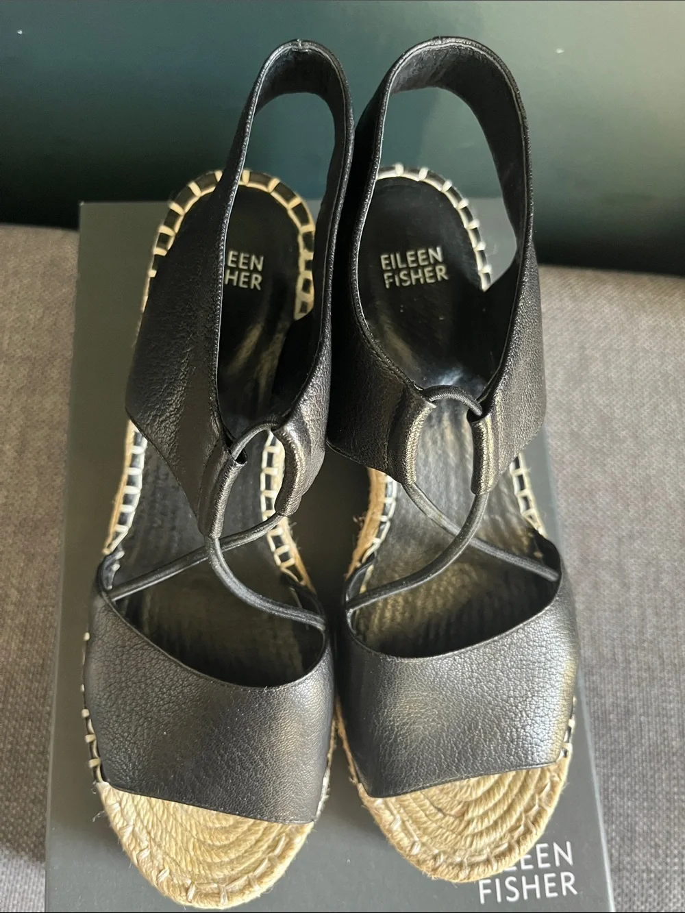 Eileen Fisher Black Leather Espadrille Slingback Wedges